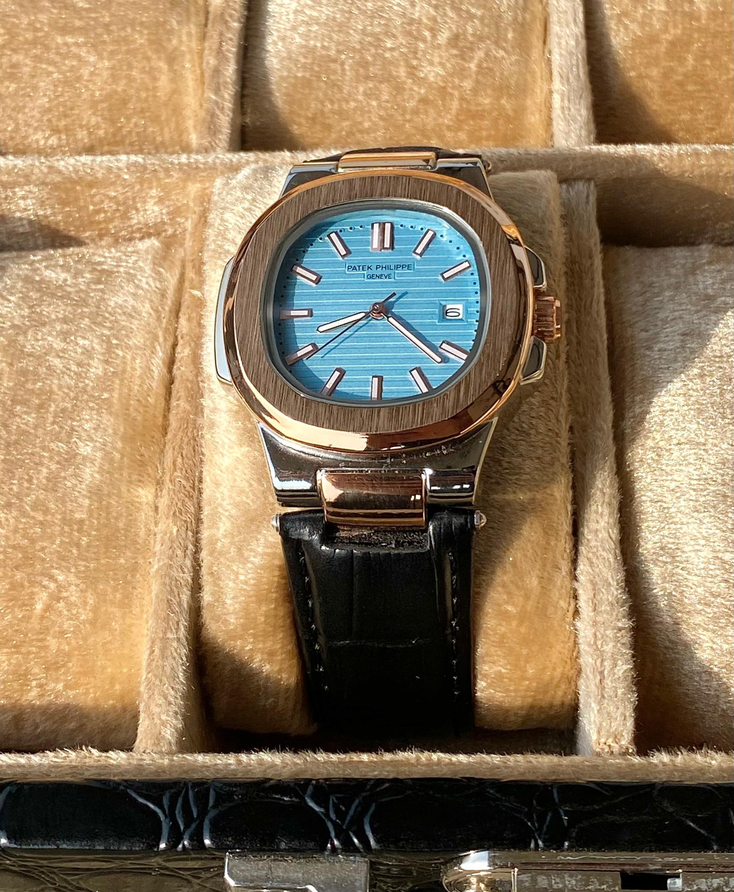 Tiffany Dial SilverXgold Black Leather Strap Watch ~ PAT