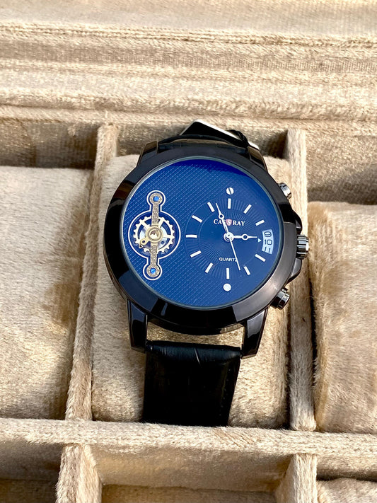 Aqua blue Dial With black leather strap watch