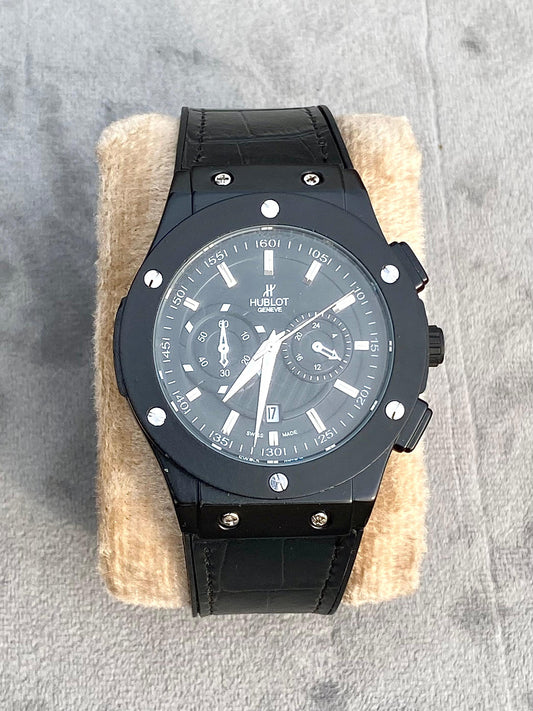 All black Leather Strap Watch