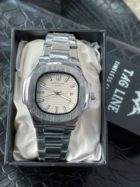 Premium White Dial & Silver PAT chain Watch with butterfly 🦋 lock & weight 130 gm - PAT