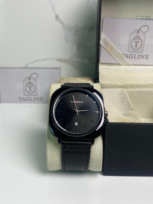 Premium Black Dial Black Leather Strap Watch