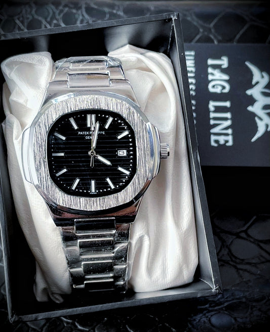 Premium Black Dial Silver Chain Watch-PAT  weight 130gm with  butterfly 🦋 lock